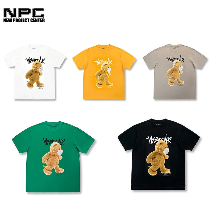 NPC潮牌口罩小熊印花圆领短袖个性纯棉卡通国潮T恤情侣 NP22TE30