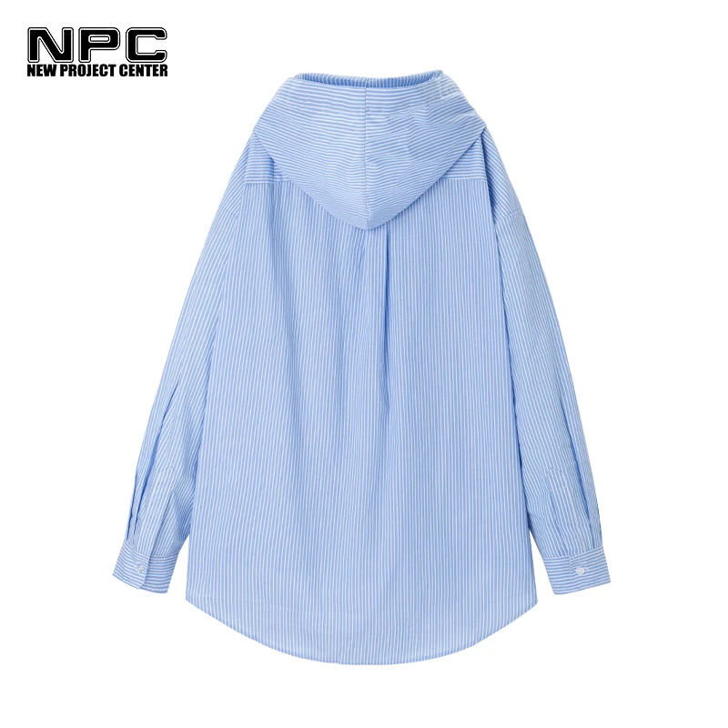 NPC潮牌胸口刺绣LOGO竖条纹连帽宽松春秋衬衫男女同款NP28SH03