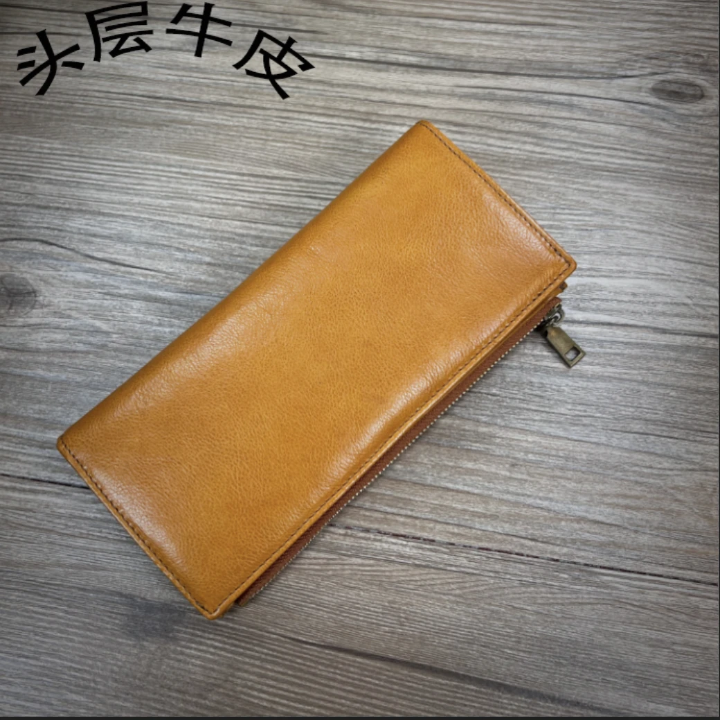 【己初文创】J230822头层牛皮真皮复古休闲多功能百竖款长款皮钱包
