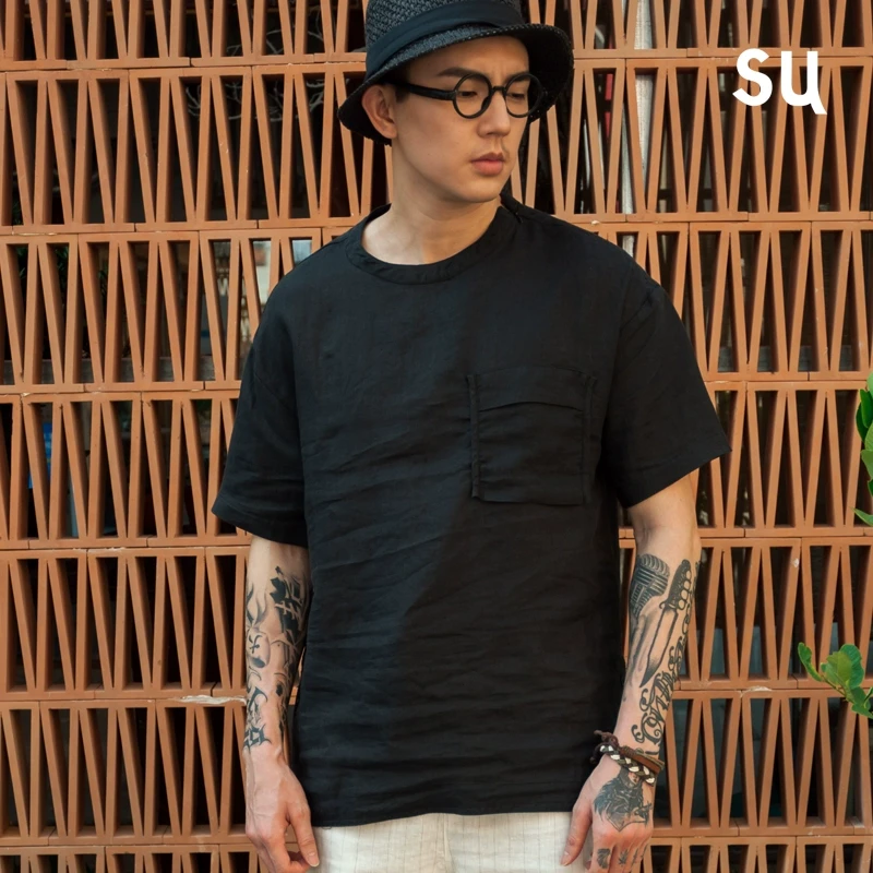 亚麻短袖t恤男潮流圆领夏季麻料上衣薄款复古宽松日系个性休闲