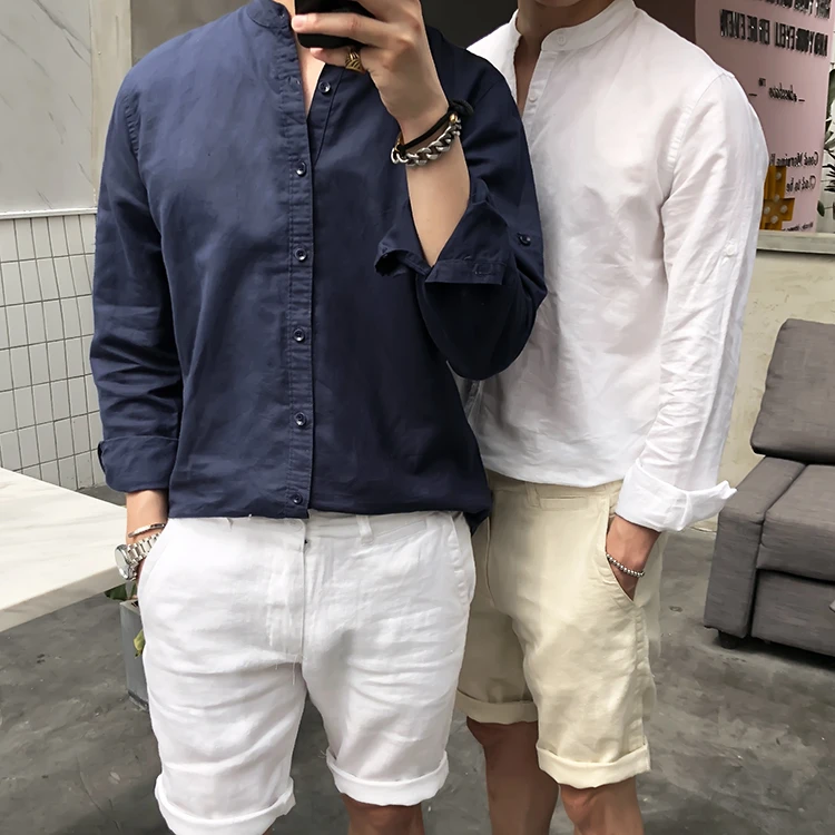 日系复古白色立领亚麻衬衫男长袖透气休闲青年衬衣棉麻薄男上衣夏