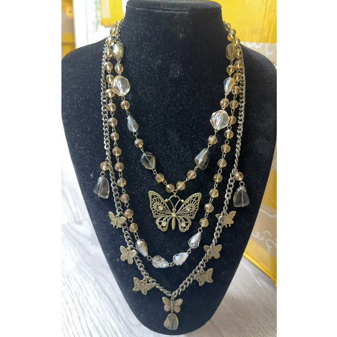 铜合金琉璃项链 蝴蝶多层复古十字架项链