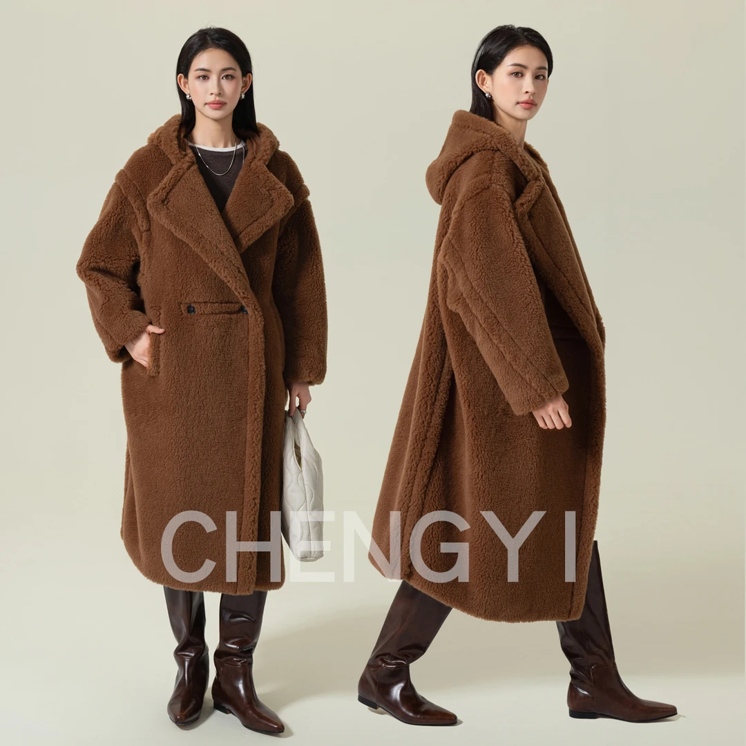 M家烟某草色tbacco带帽泰迪熊大衣中长款秋冬连帽时尚外套加厚