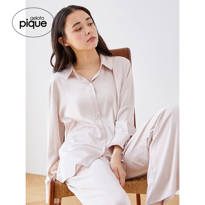 gelato pique24秋冬新品女睡衣纯色缎面优雅长袖衬衫PWFT245308