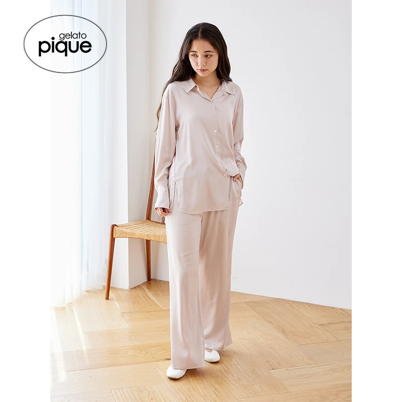 gelato pique24秋冬新品女睡裤纯色缎面优雅直筒长裤PWFP245309