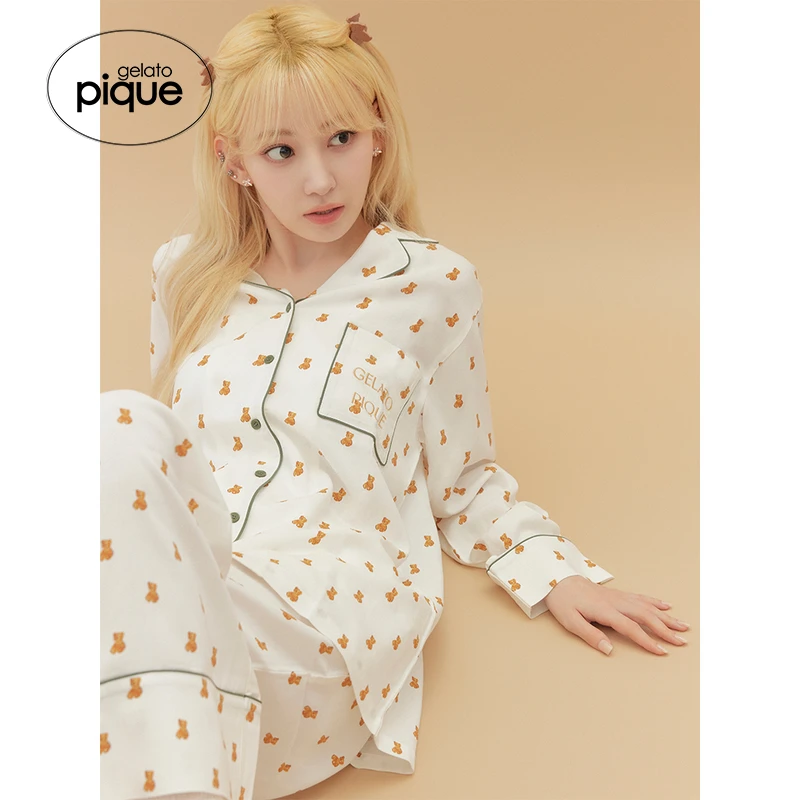 【女团同款】24春夏新品女睡衣小熊樱桃荷叶边条纹衬衫PWFT244285