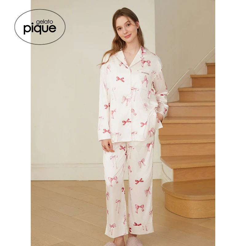 gelato pique春夏新品女睡衣套装蝴蝶结缎面衬衫长裤PWFT245318