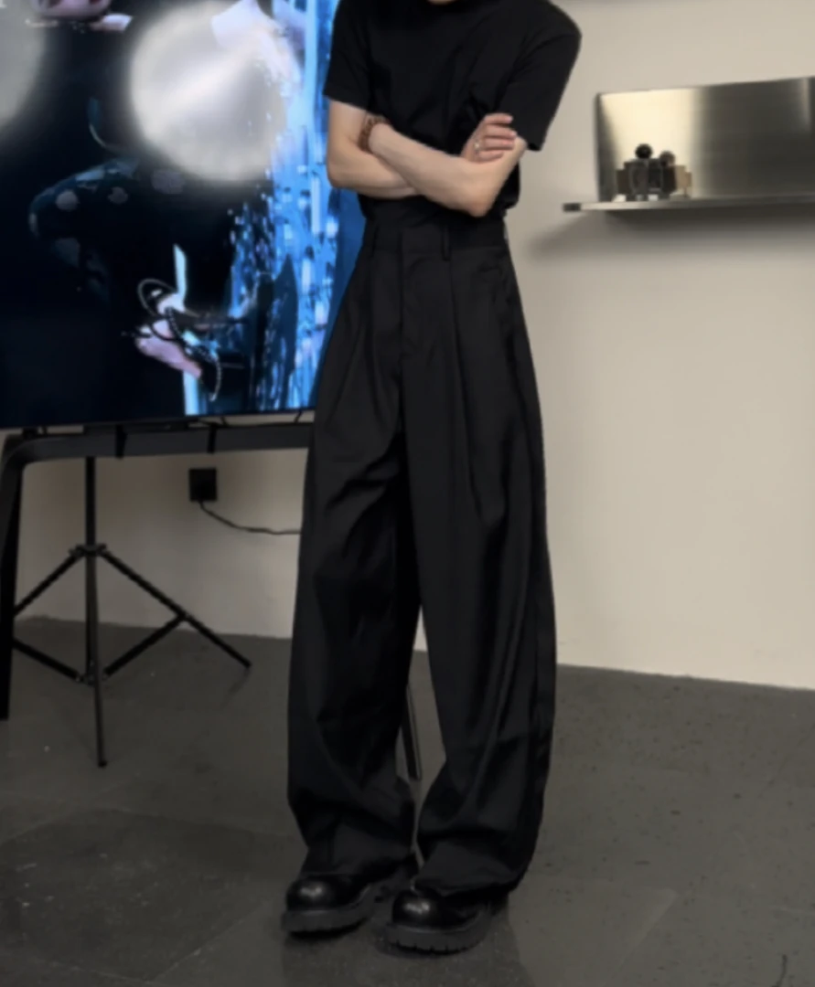 【钢琴裁片设计】小众男时尚气质潮流百搭休闲黑白色垂感阔腿长西裤