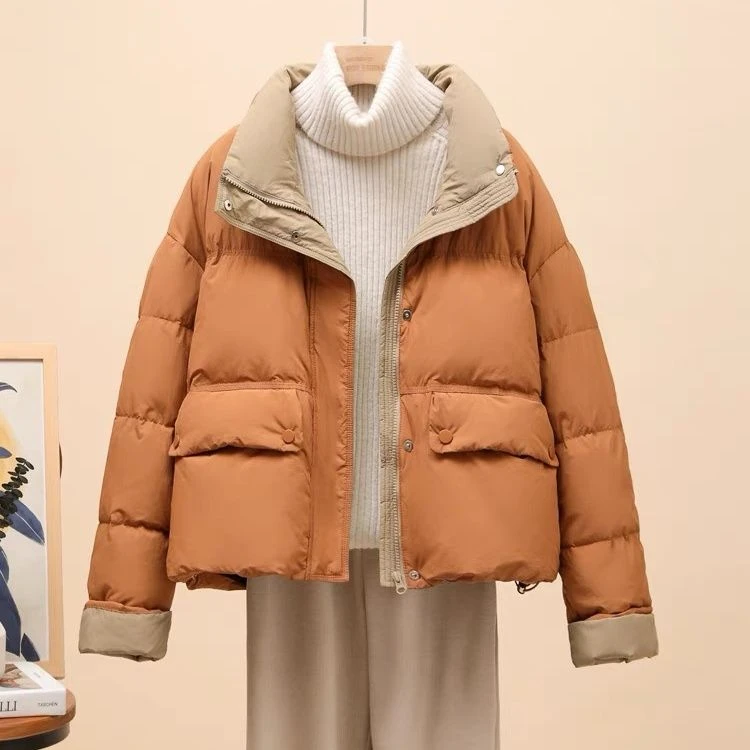 反季清仓爆款2023冬季新款时尚韩系羽绒服女短款撞色加厚面包服YC