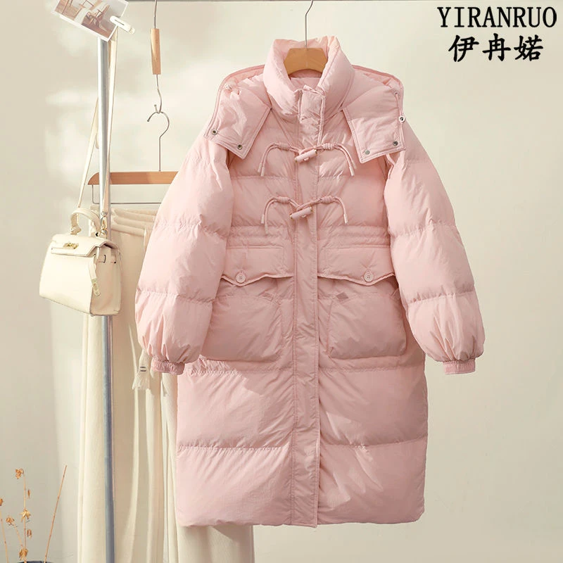 反季清仓2023年新款羽绒服女中长款过膝连帽韩版加厚白鸭绒牛角YC