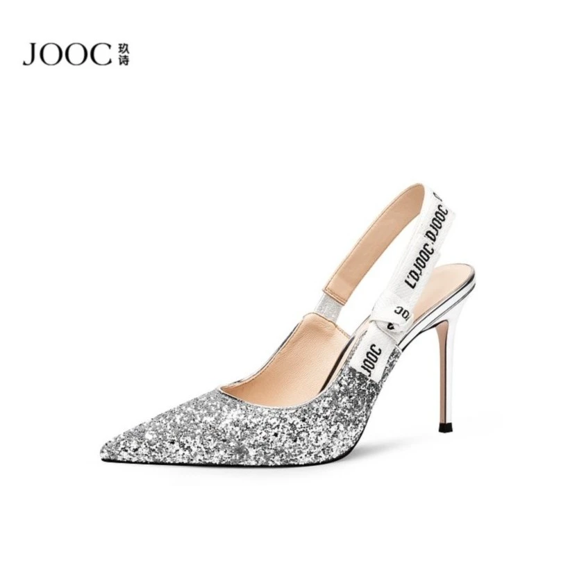 JOOC玖诗时尚甜美新款尖头亮片高跟鞋后空蝴蝶结细跟单鞋女鞋百搭