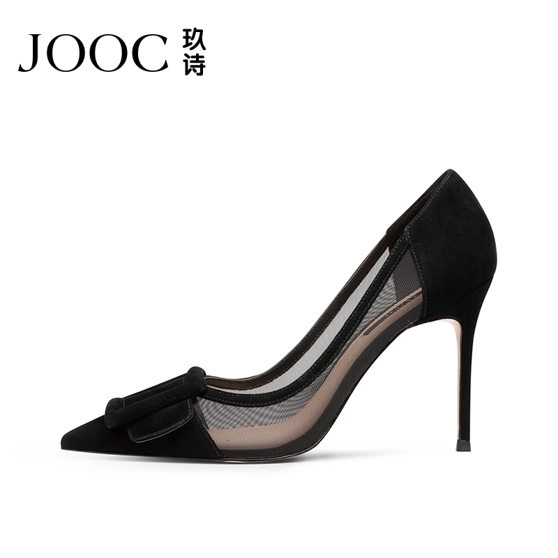 JOOC/玖诗秋冬尖头网纱方扣高跟鞋细跟单鞋性感百搭小码气质时尚