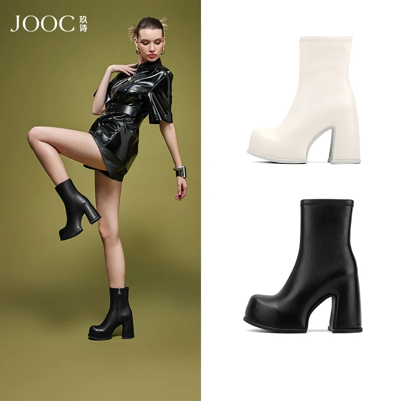 【时空恋人】JOOC玖诗防水台短靴秋冬新款粗跟瘦瘦靴百搭女靴