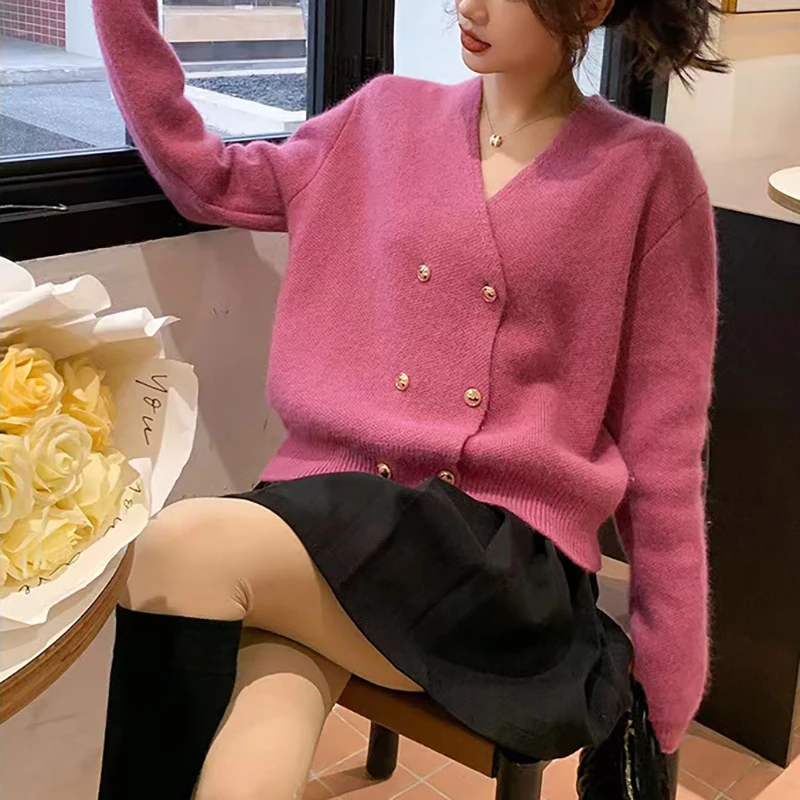 双排扣设计感针织开衫气质韩版休闲长袖v领加厚外套女-8341