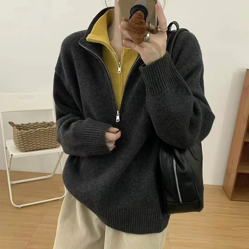 【双层领】秋冬时尚休闲宽松拼接立领套头长袖针织衫假两件-9568