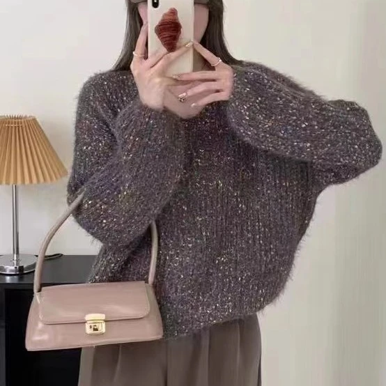 【点子纱】秋冬时尚休闲宽松百搭V领套头加厚长袖女士针织毛衣-9732