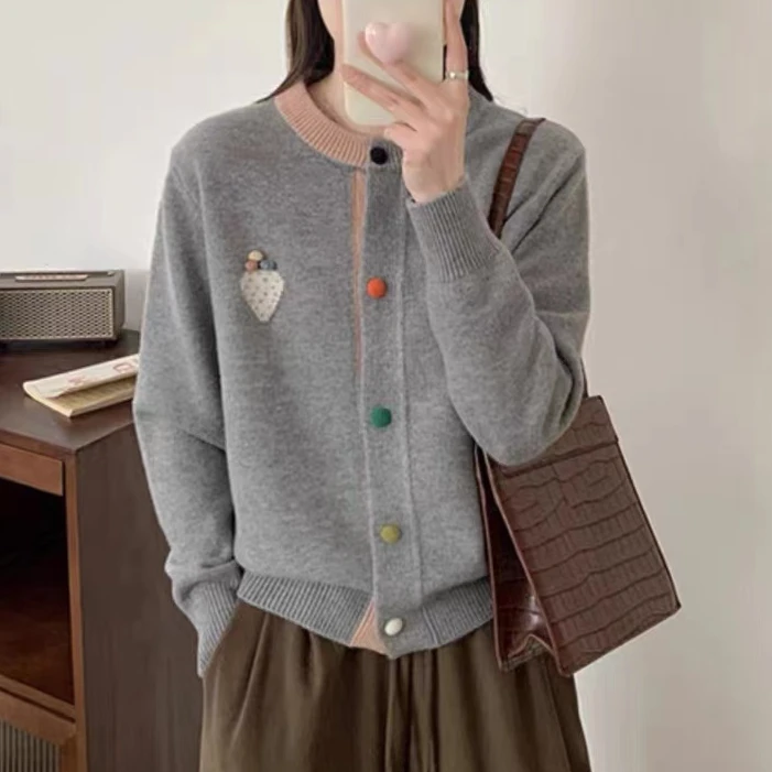 【草莓】秋冬时尚休闲宽松百搭圆领长袖女士针织毛衣外套-9862