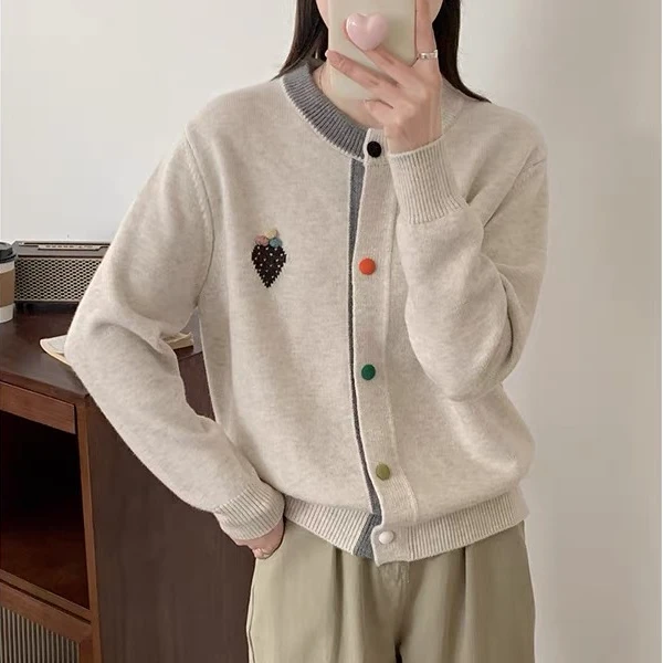 【草莓】秋冬时尚休闲宽松百搭圆领长袖针织衫女士毛衣外套-9862