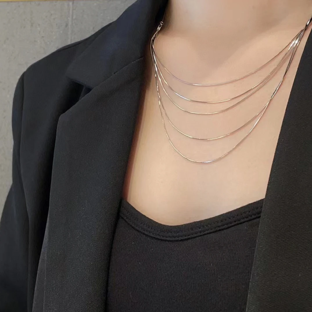 坠链均925银 S925银简约高级五层蛇骨锁骨链项链