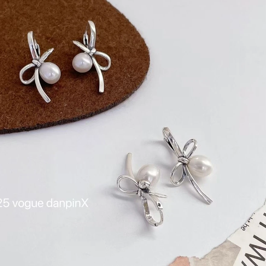 925银耳饰 S925银淡水珠珠蝴蝶结耳扣