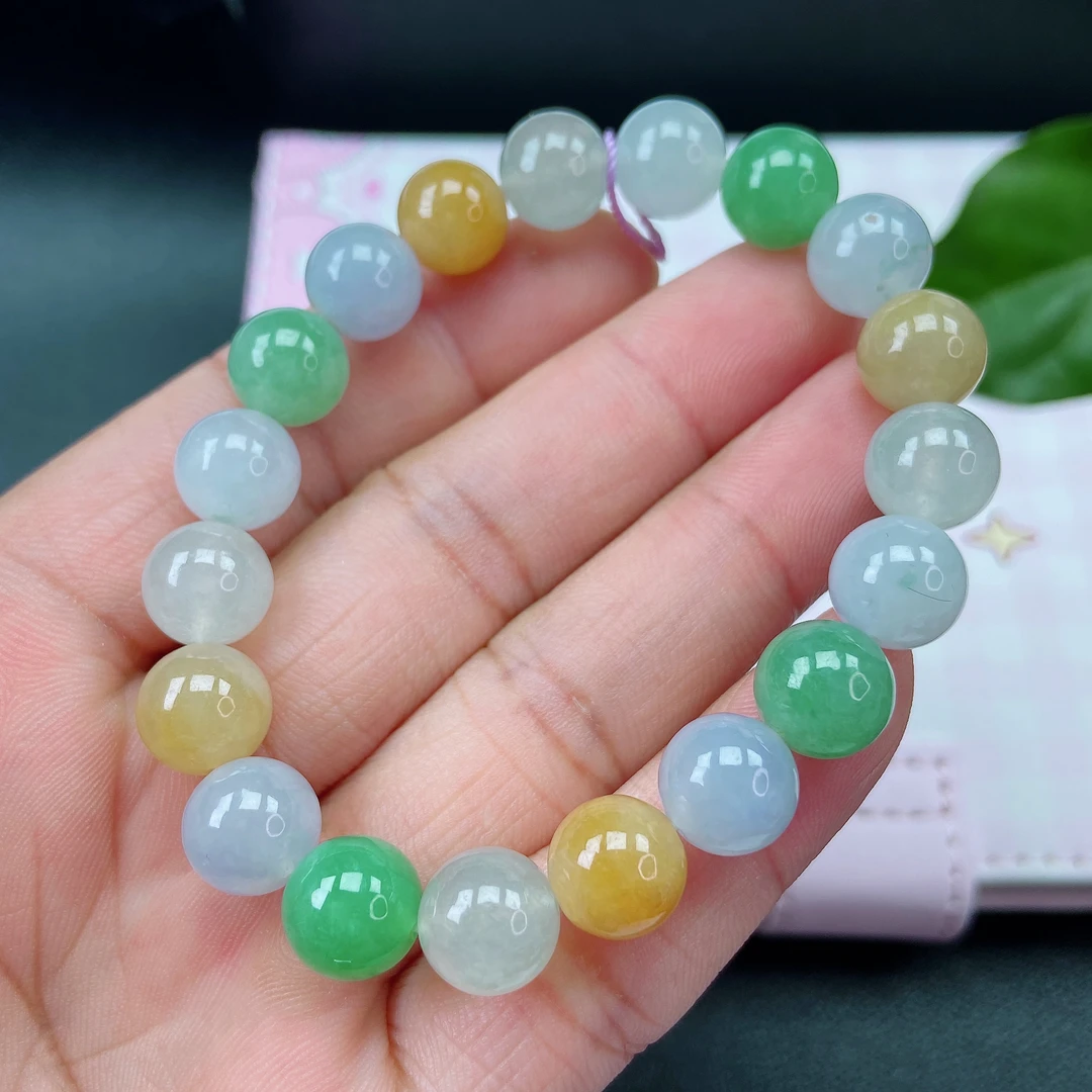 28-8.4多宝翡翠手串糖果马卡龙色圆珠手链天然缅甸三彩珠串卡10