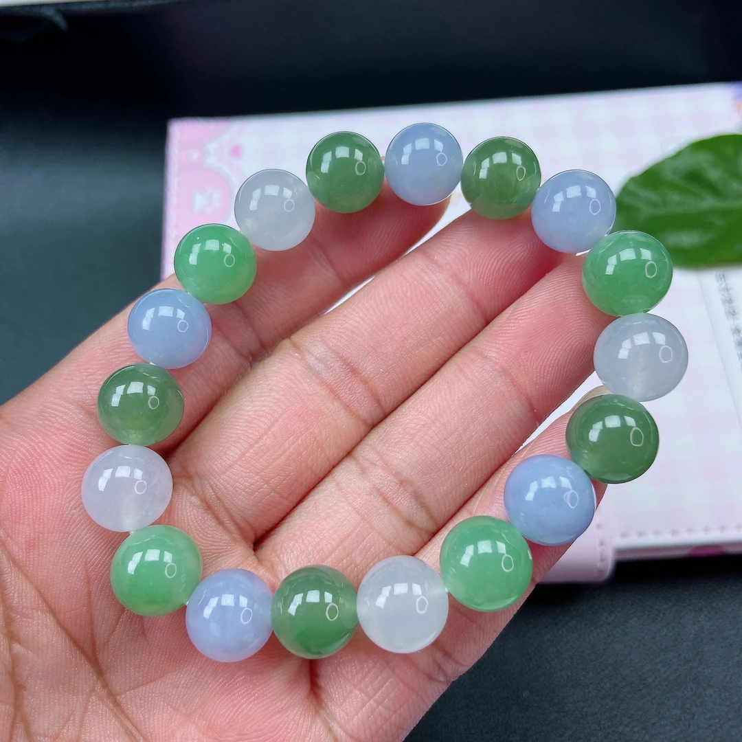 38-84缅甸天然A货翡翠冰绿紫手珠 尺寸11mm×18 绿色女款单圈时尚