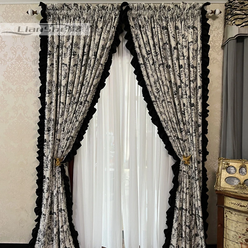 法式复古小香风黑白松果印花丝绒布帘客厅卧室加厚遮光黑色荷叶边