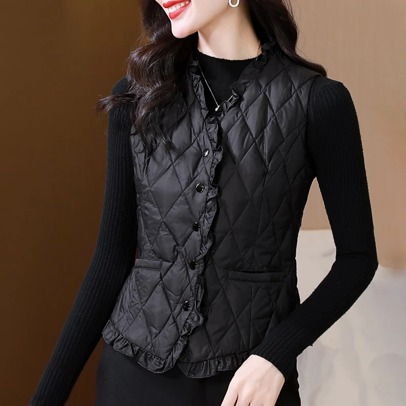 欧货棉服马甲女秋冬内搭V领轻薄打底短款保暖百搭外穿小棉袄背心