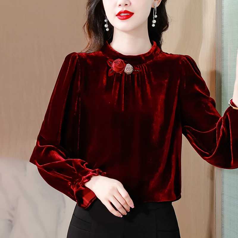 设计感金丝绒上衣女士秋装2025新款中年妈妈洋气宽松遮肚长袖衬衫