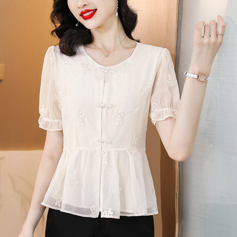 新中式国风盘扣短袖雪纺衬衫女士夏季改良旗袍式上衣收腰裙摆小衫