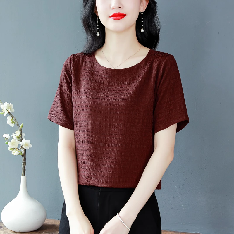妈妈夏季提花缎面正版短袖上衣女时尚气质圆领休闲高级感t恤小衫