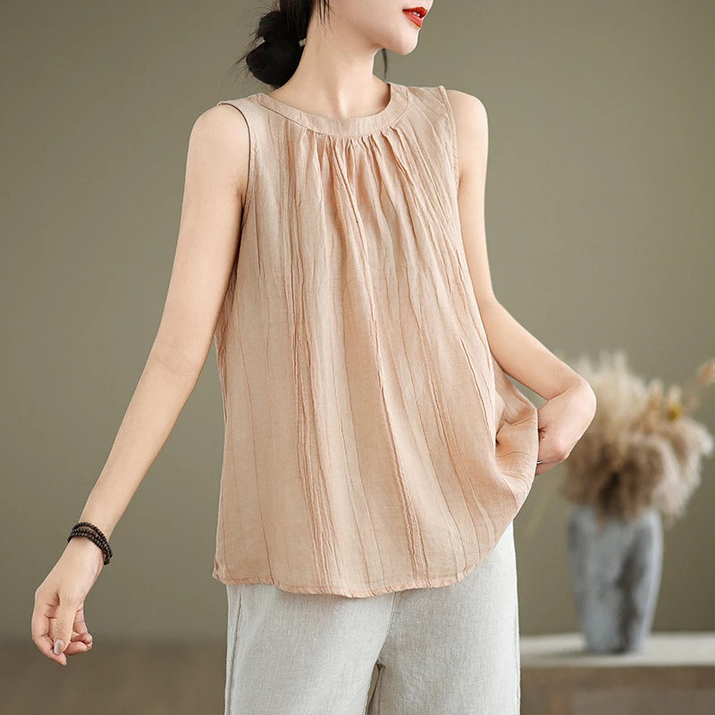 2025夏季新款苎麻洋气褶皱上衣女士休闲宽松高端棉麻无袖马甲背心