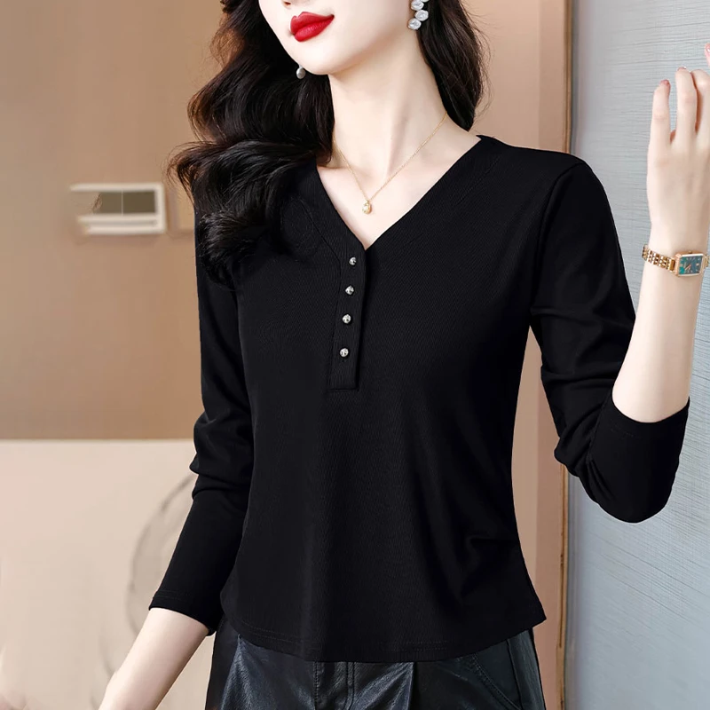 黑色长袖t恤v领打底衫女2025新款秋冬内搭可外穿时尚洋气时髦上衣