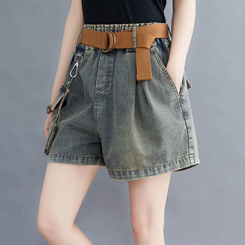 高腰牛仔短裤女2025夏季新款宽松大码个性大口袋显瘦A字阔腿热裤