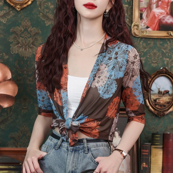 吊带外搭罩衫薄款上衣女夏装新款时尚小披肩冰丝网纱短款防晒开衫