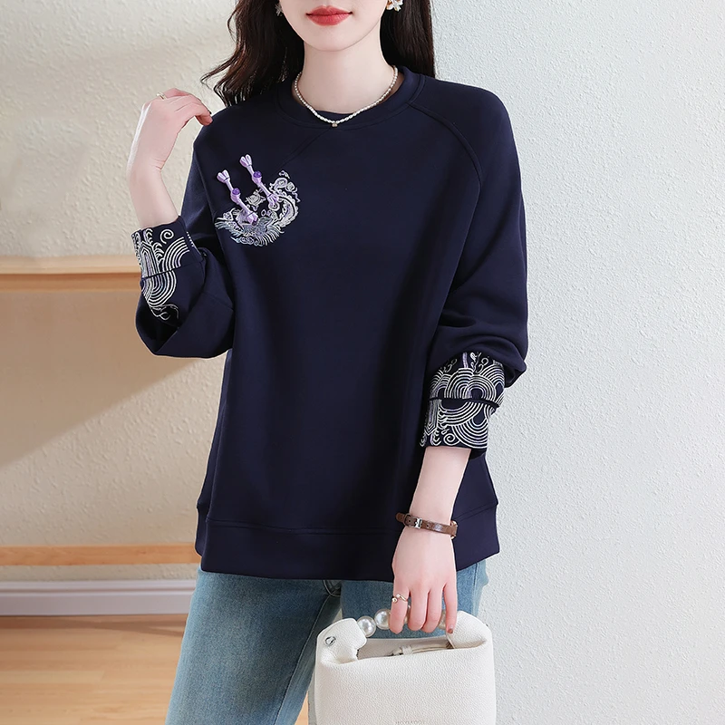 新中式盘扣气质欧货卫衣2025春秋季新款时尚洋气女士国风刺绣上衣