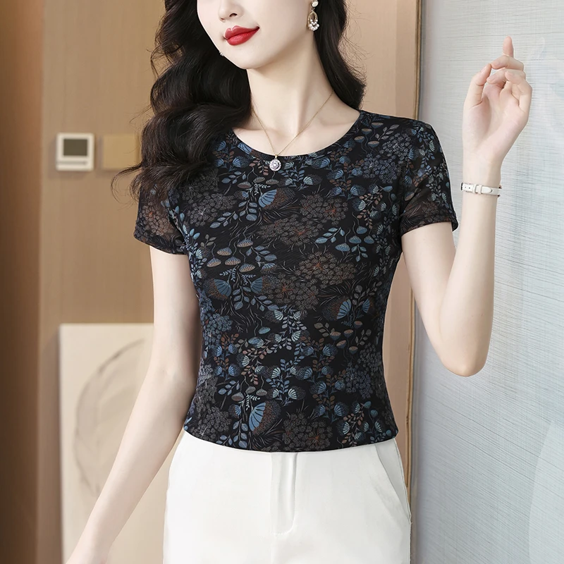 洋气短袖T恤女夏季新款外穿时尚显瘦圆领上衣修身大码网纱女小衫