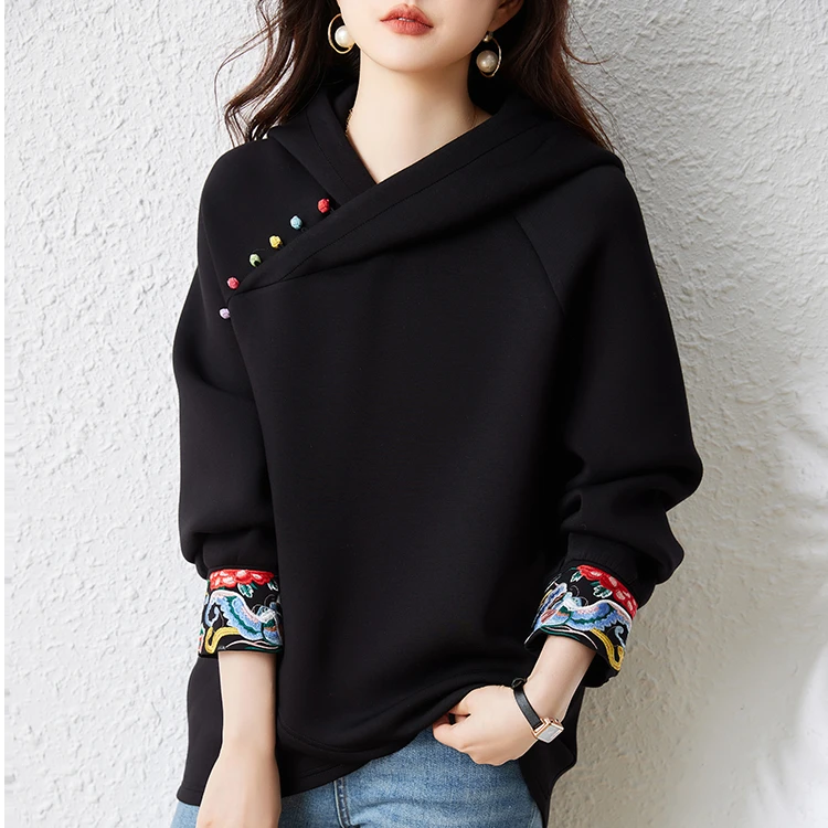 山东即墨连帽休闲新中式国风卫衣女2025秋冬新款高端欧货刺绣上衣