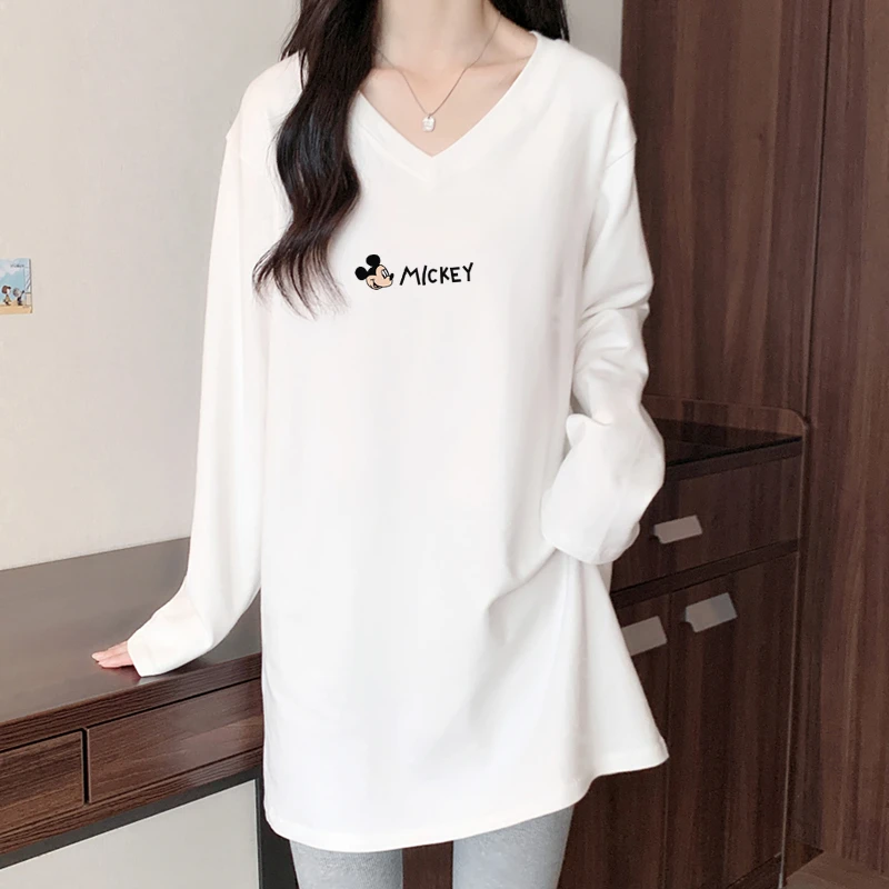 磨毛女士加厚白色打底衫女内搭秋冬洋气宽松中长款v领上衣长袖t恤