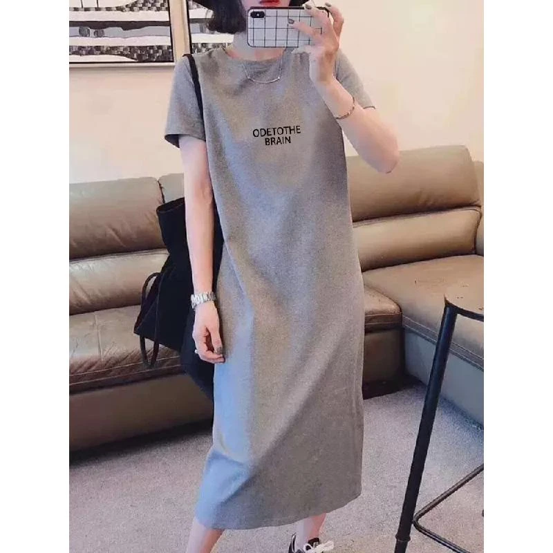 字母纯棉t恤裙女2023夏季新款宽松显瘦休闲时尚减龄中长款连衣裙