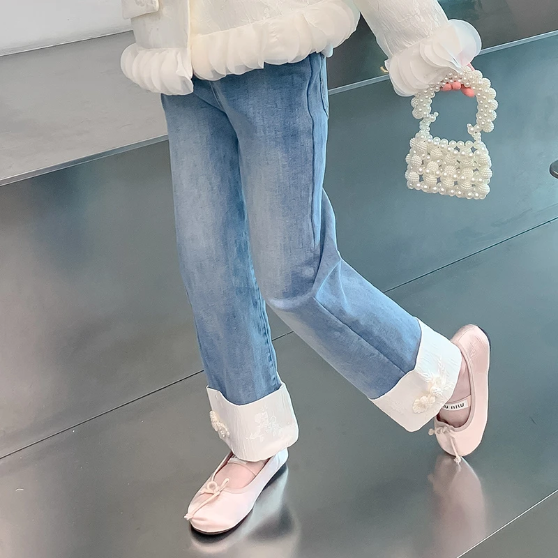 女童中式牛仔裤春装2024新款洋气儿童春秋中国风裤子KZ-7777