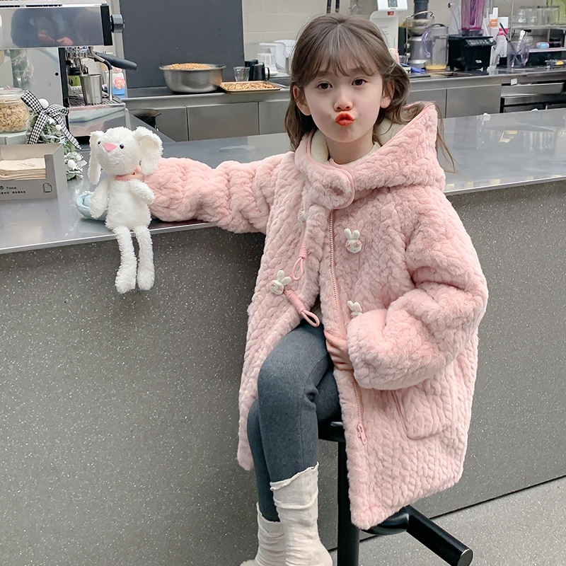 女童加绒外套冬装儿童冬款毛毛衣女孩加厚中长款上衣WT-7220