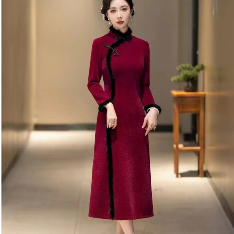 墨玫，秋冬季精品手工花扣改良旗袍裙，衣长120左右，M~5XL，A101812