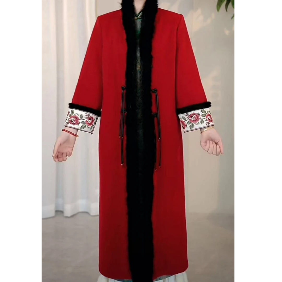 A102494,秋冬新款新中式国潮风盘扣环保毛旗袍大衣外搭气质冬季