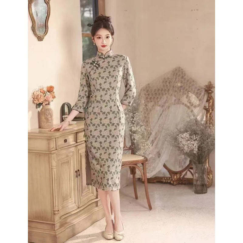 A102457,秋冬新款国风古韵一片式全开襟气质显瘦修身旗袍裙复古