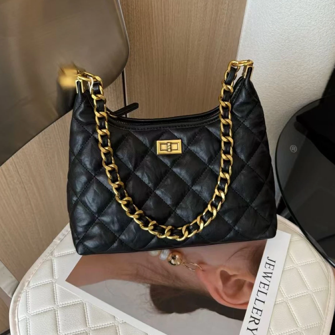 『肖儿美包』2025新款香风菱格绣线大容量链条包单肩流浪腋下斜挎包