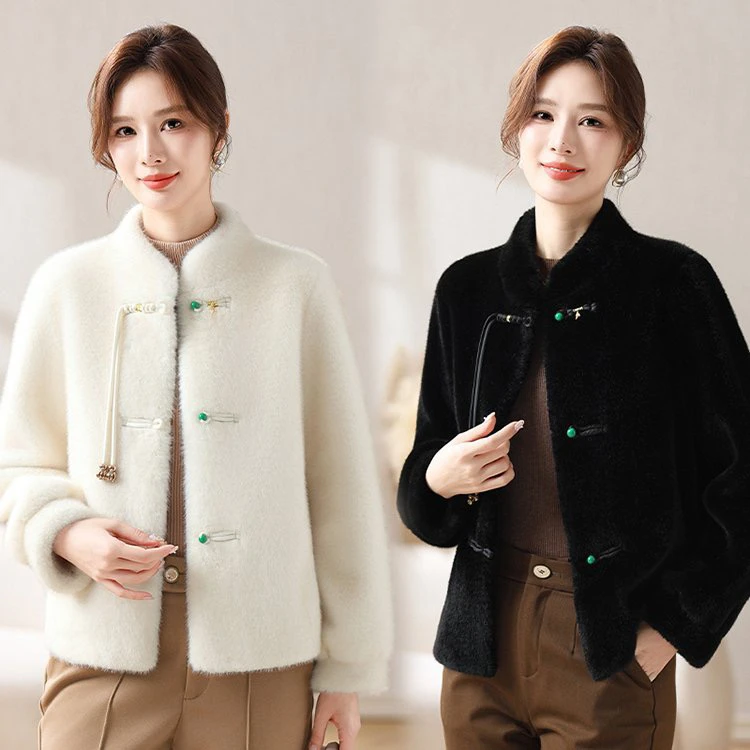 新款中国风圆领盘扣水貂绒皮毛一体短外套女加厚百搭仿水貂毛