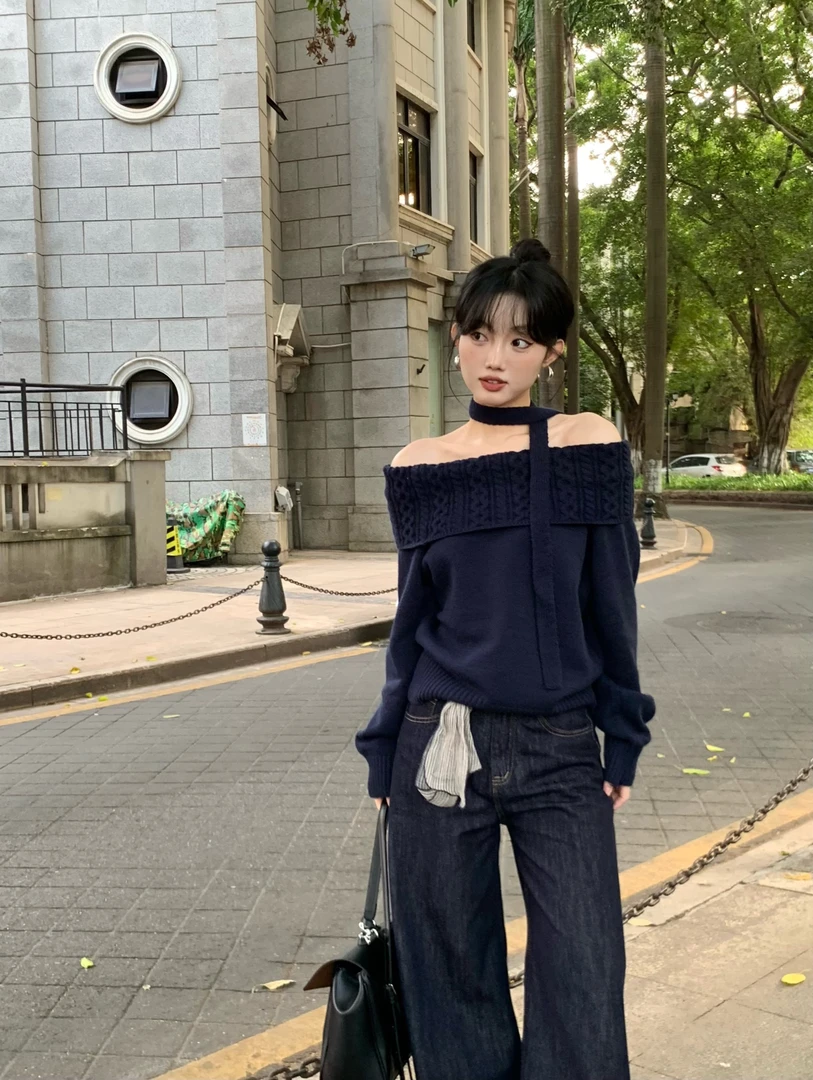 （清清  NO退NO换）秋冬韩系宽松纯色高级感一字肩毛衣上衣