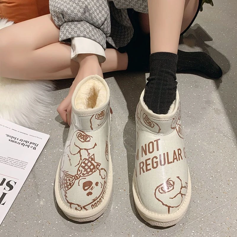 可爱小熊面包棉鞋女冬季2023新款厚底皮面加绒保暖防水少女雪地靴