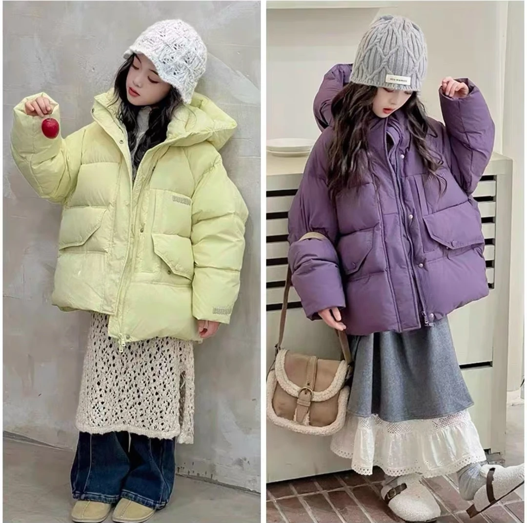 2024冬季韩版中大童面包服女童90白鸭绒6075儿童中长款保暖羽绒服